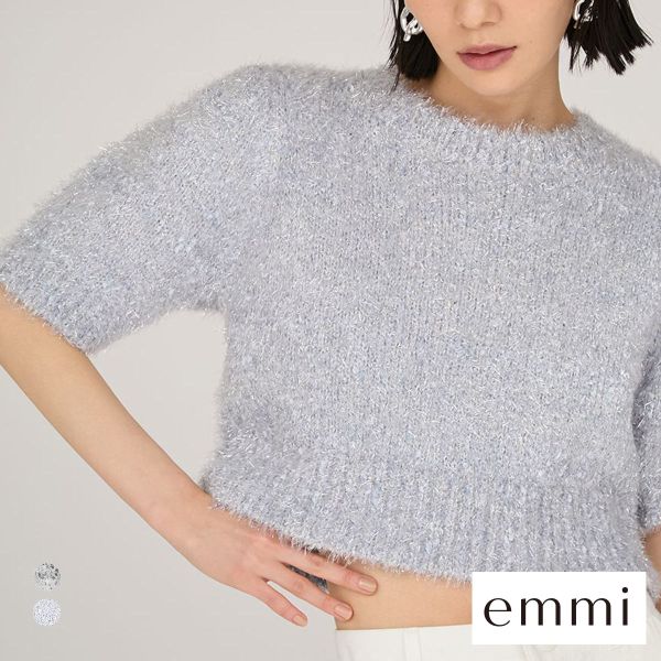 エミ ラメフェザーハーフスリーブニットトップス emmi