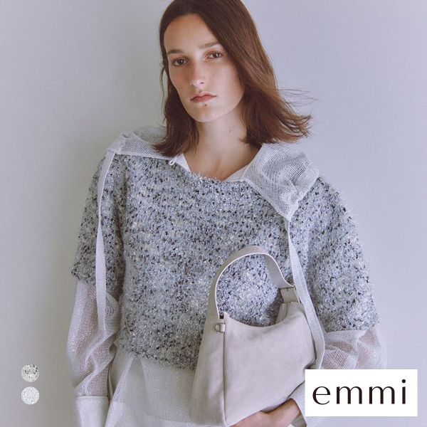エミ ラメフェザーハーフスリーブニットトップス emmi