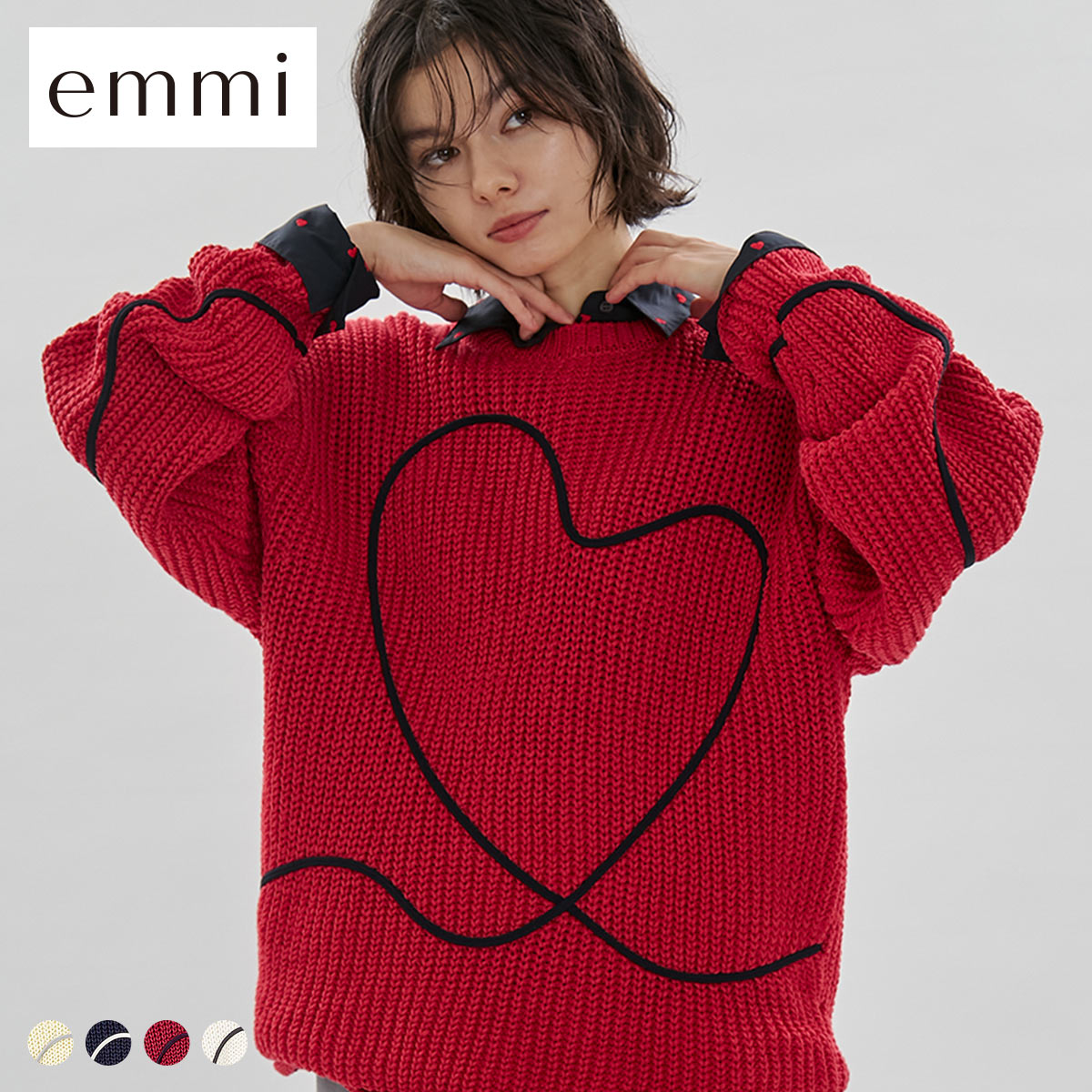 エミ HEART ONLINE限定カラーあり ハートエンブロイダリーニット(RE-レッド-Free)
