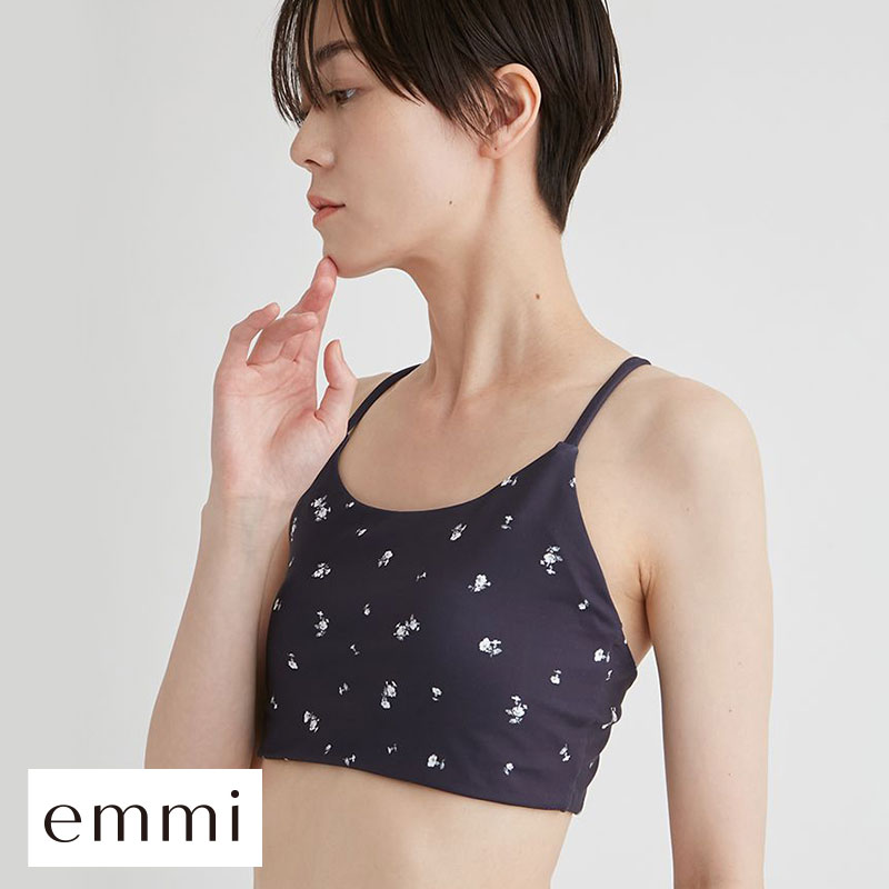 エミ WELLNESS&TRAINING ミニフラワーUVカットブラトップ ブラジャー ノンワイヤー スポーツブラ カップイン emmi(DNV-濃ネイビー-0)
