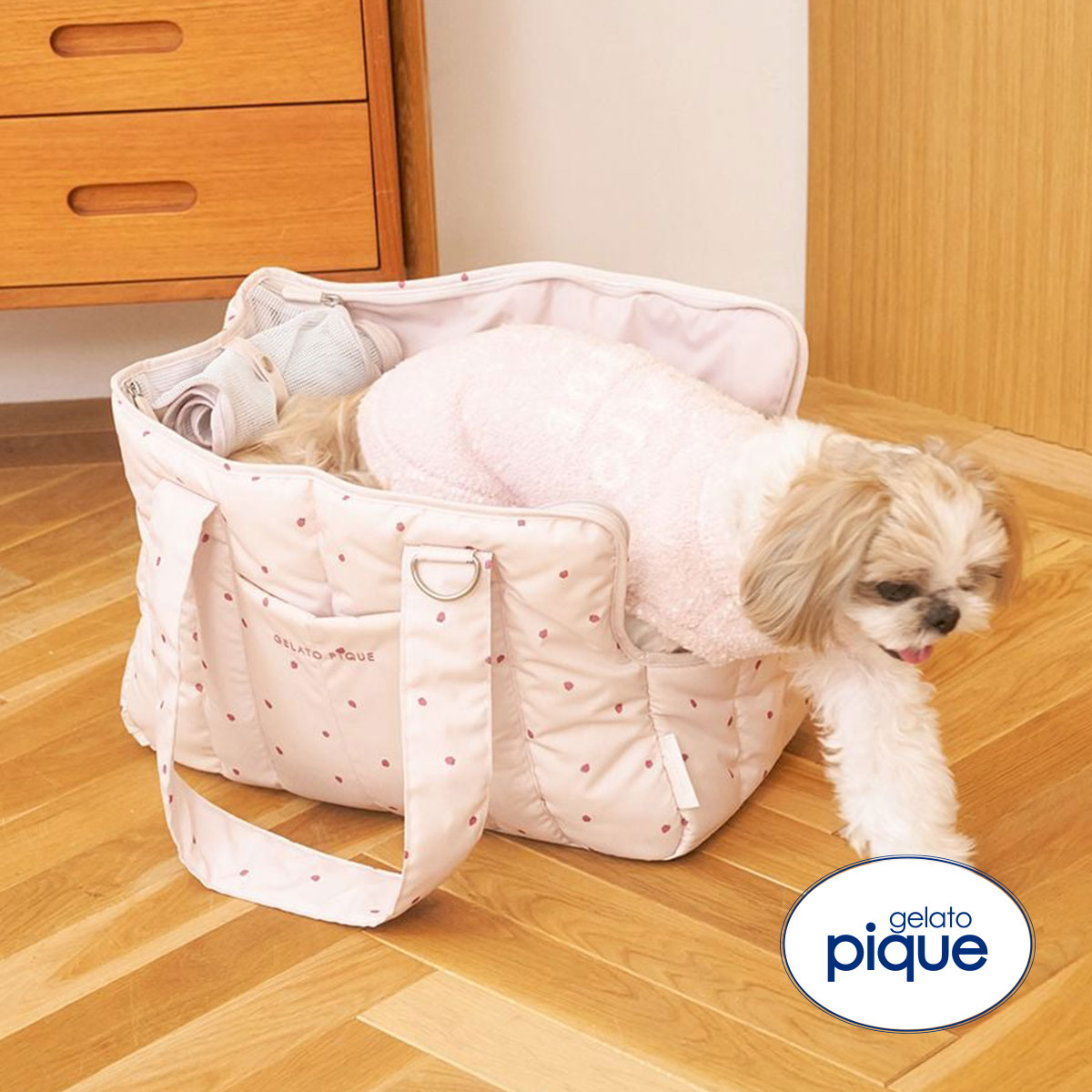 ジェラートピケ CAT&DOG ストロベリー柄キルティングキャリーバック ジェラピケ gelato pique(PI-ピンク-Free)