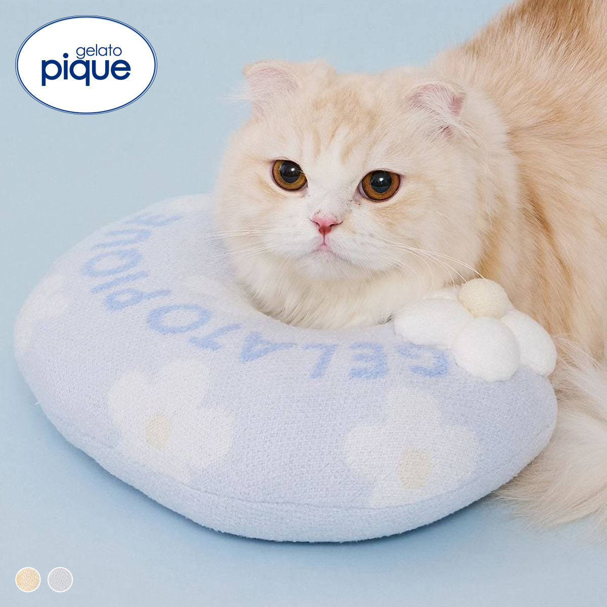 ジェラートピケ CAT&DOG スムーズィーフラワーモチーフニットピロー ジェラピケ gelato pique 猫の日(BU-ブルー-Free)