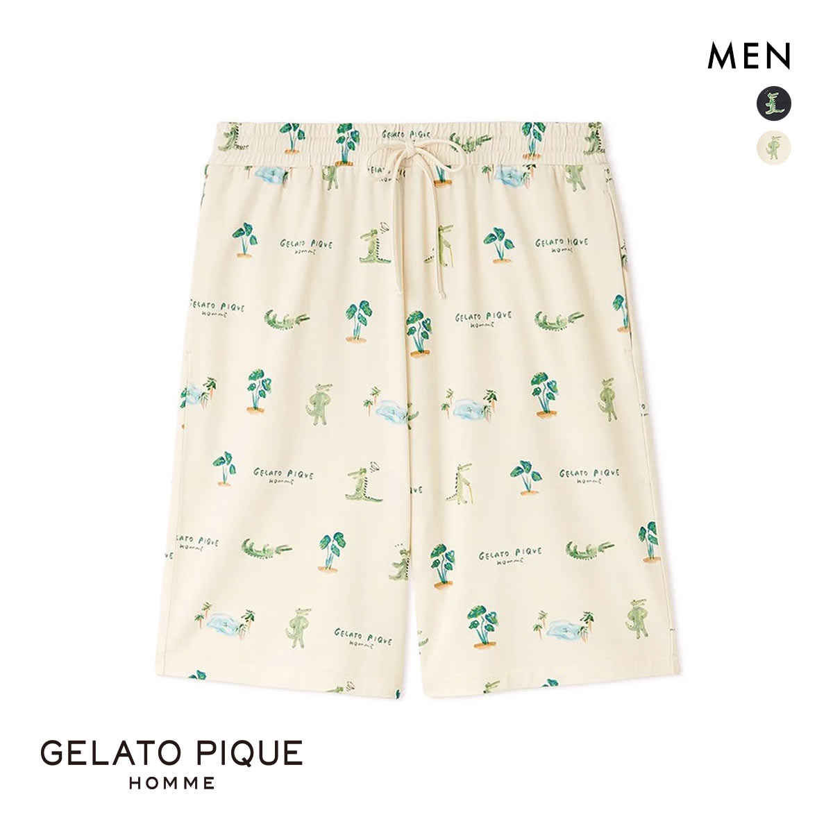 ジェラートピケ オム メンズ 接触冷感 ワニ柄プリントハーフパンツ ジェラピケ パジャマ ルームウェア gelato pique HOMME(IV-アイボリー-M)