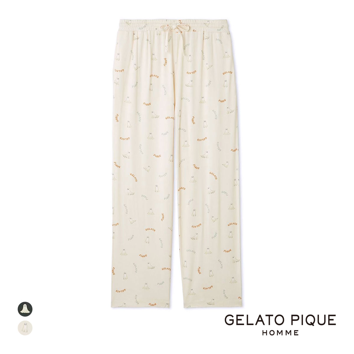 ジェラートピケ オム メンズ TRICK GHOST柄 ロングパンツ ジェラピケ パジャマ ルームウェア gelato pique HOMME(CR-クリーム-M)