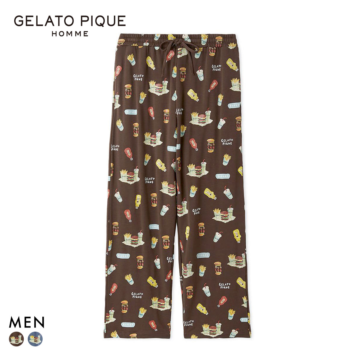 ジェラートピケ オム メンズ ヒラノトシユキ 総柄ロングパンツ ジェラピケ パジャマ ルームウェア gelato pique HOMME(BR-ブラウン-M)