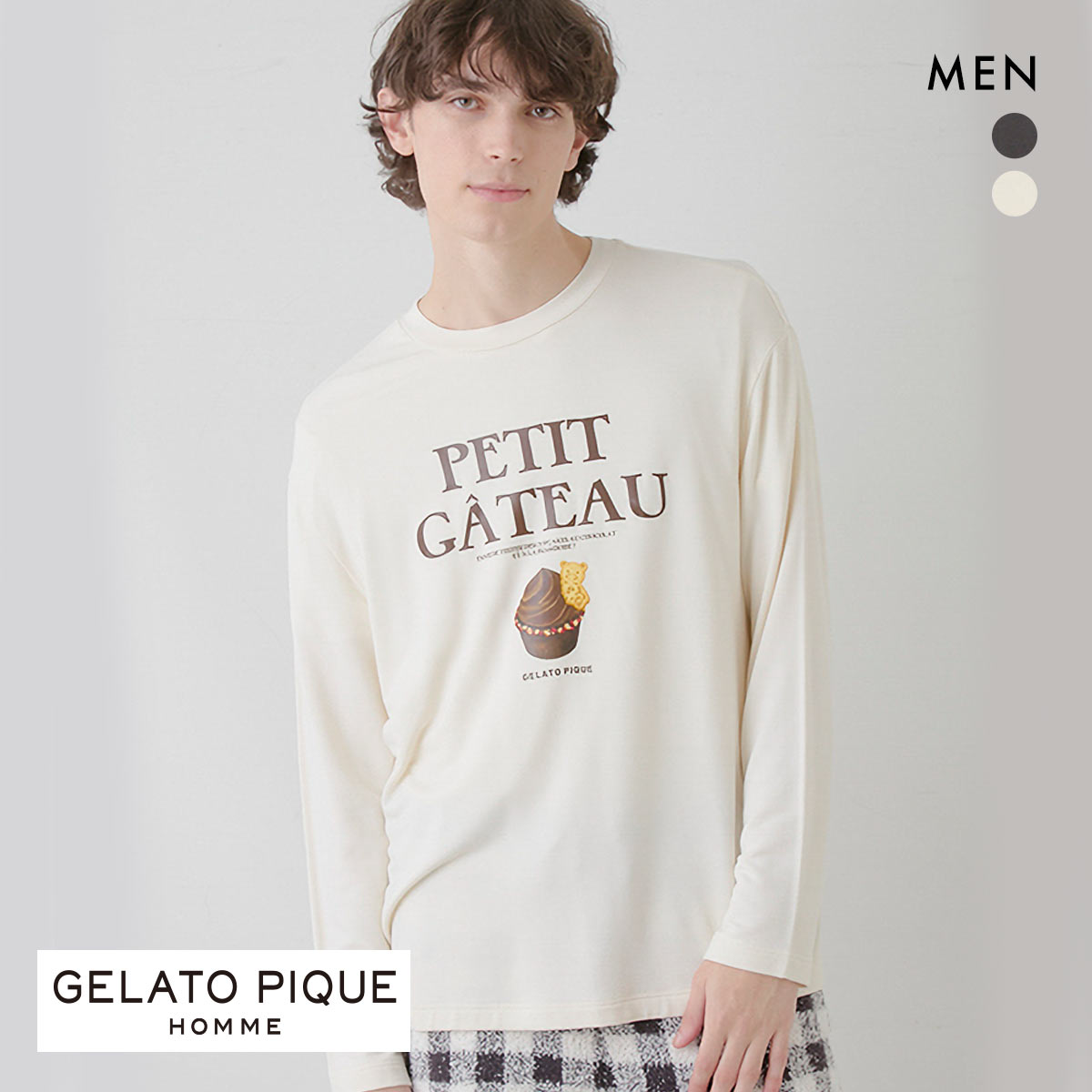 ジェラートピケ オム メンズ ショコラカップケーキワンポイントロンT ジェラピケ パジャマ ルームウェア Chocolat＆Framboise GELATO PIQUE HOMME(CR-クリーム-M)