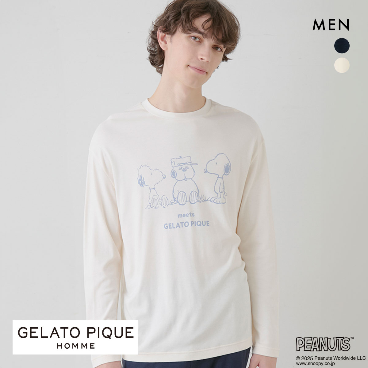 ジェラートピケ オム メンズ ピーナッツ オラフ ワンポイントロンT ジェラピケ パジャマ ルームウェア PEANUTS gelato pique HOMME(OW-オフホワイト-M)