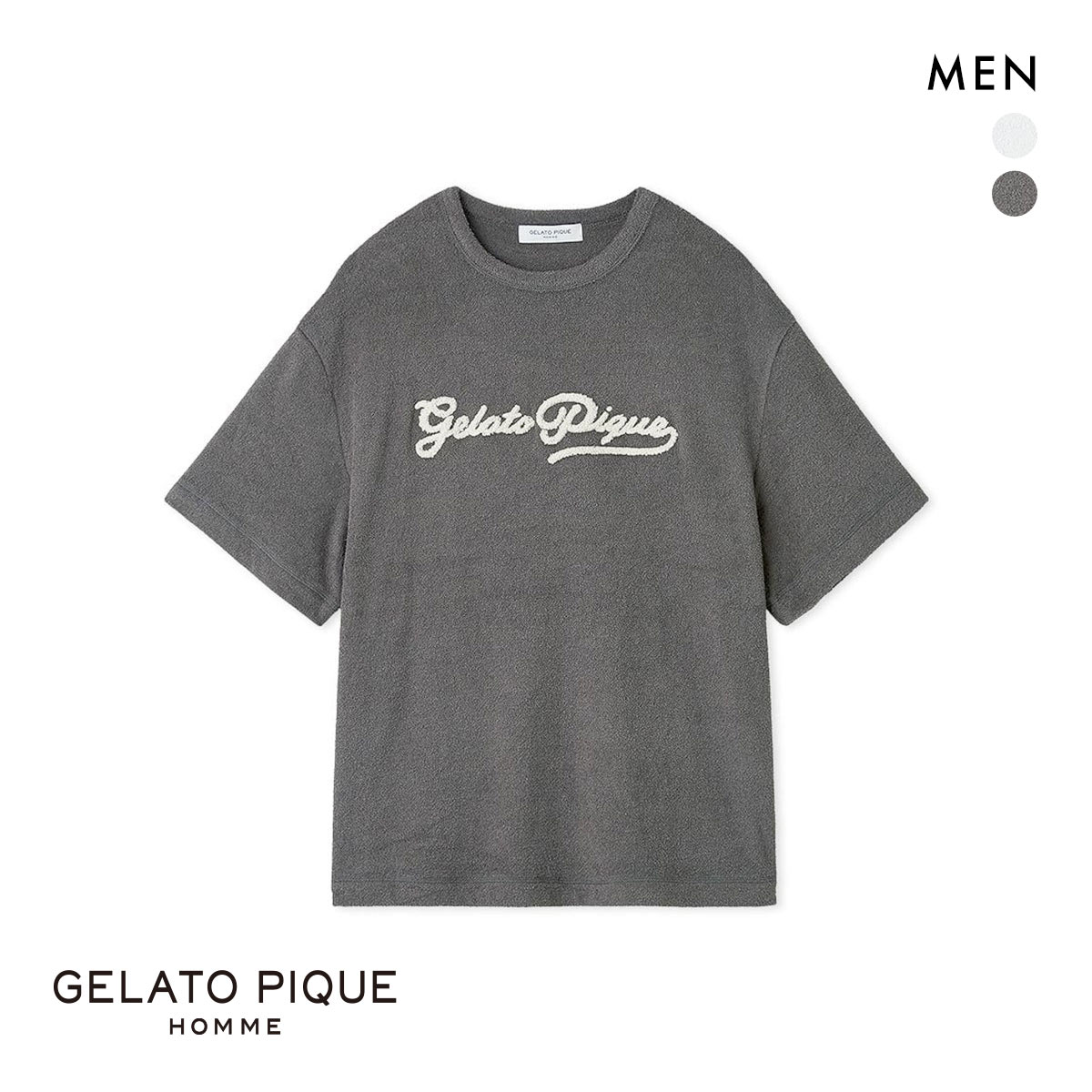 ジェラートピケ オム メンズ パイルロゴ刺繍Tシャツ ジェラピケ パジャマ ルームウェア GELATO PIQUE HOMME(DGY-濃グレー-M)