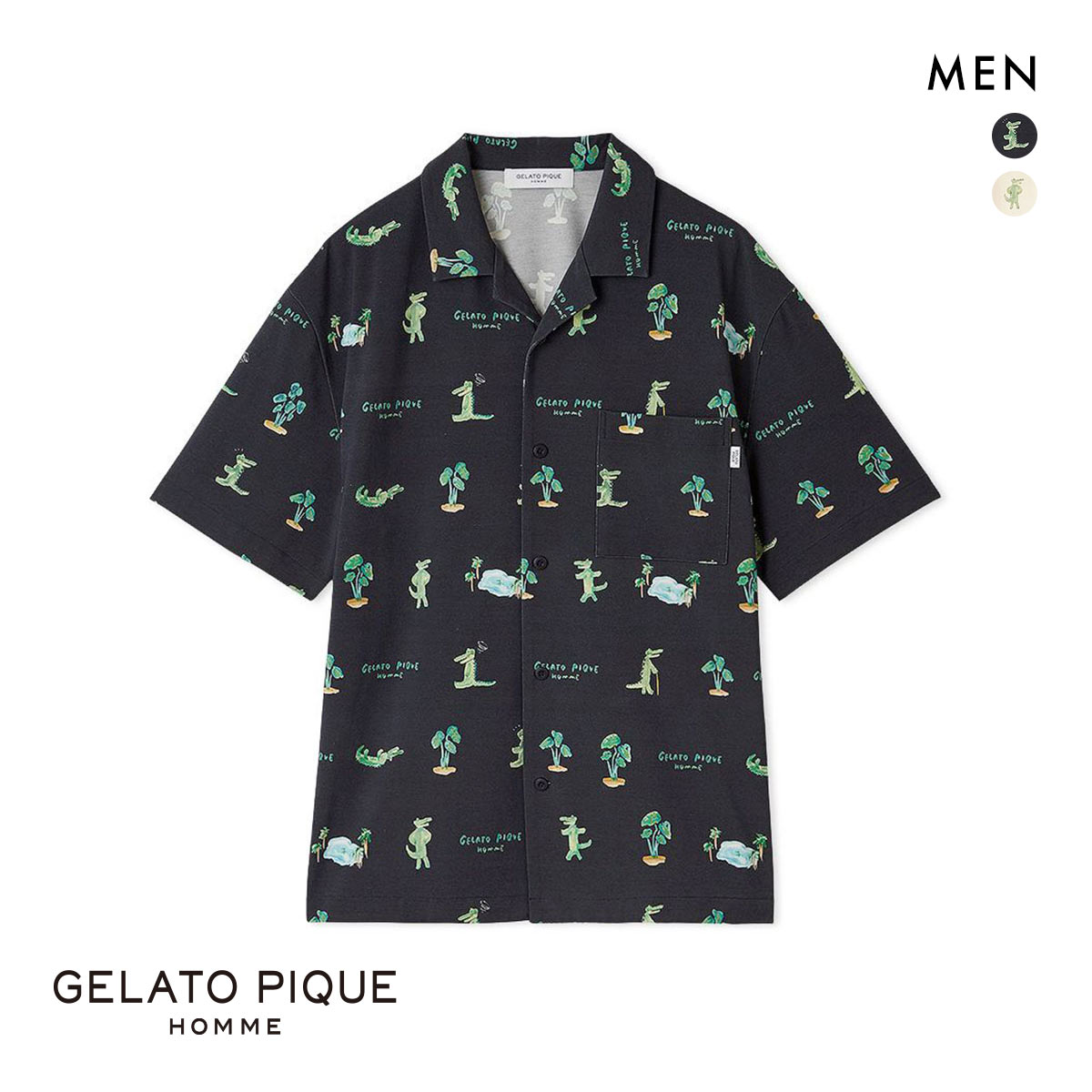 ジェラートピケ オム メンズ 接触冷感 ワニ柄プリントシャツ ジェラピケ パジャマ ルームウェア gelato pique HOMME(NV-ネイビー-M)