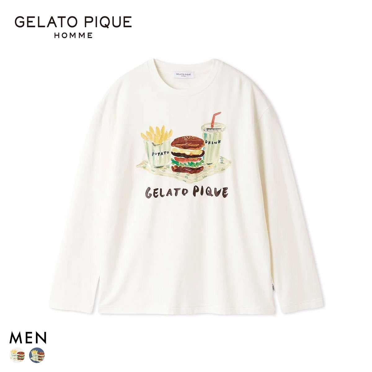 ジェラートピケ オム メンズ ヒラノトシユキ ハンバーガーワンポイントプリントロンT ジェラピケ パジャマ ルームウェア gelato pique HOMME(OW-オフホワイト-M)