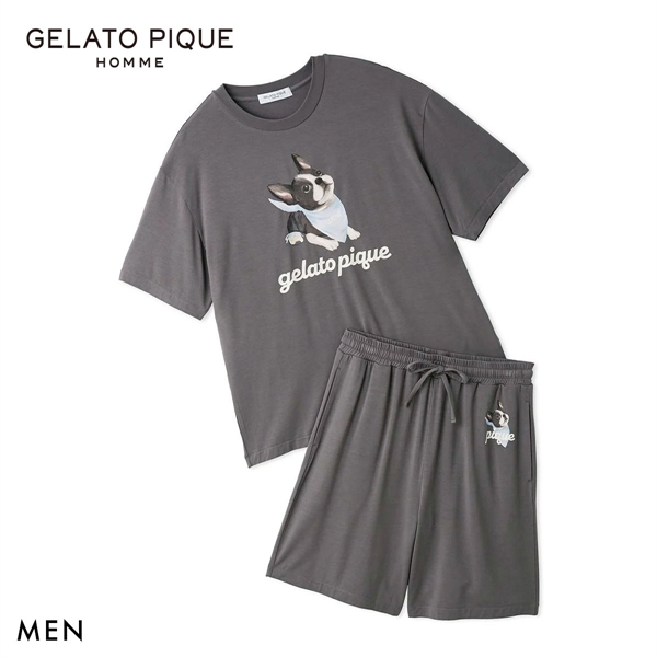 ジェラートピケ オム メンズ 接触冷感 レーヨンドッグワンポイントTシャツ＆ハーフパンツセット ジェラピケ ルームウェア 上下セット gelato pique HOMME