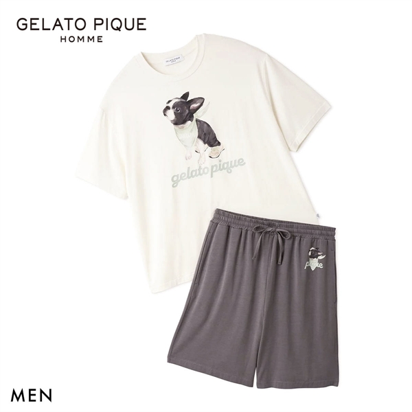 ジェラートピケ オム メンズ 接触冷感 レーヨンドッグワンポイントTシャツ＆ハーフパンツセット ジェラピケ ルームウェア 上下セット gelato pique HOMME