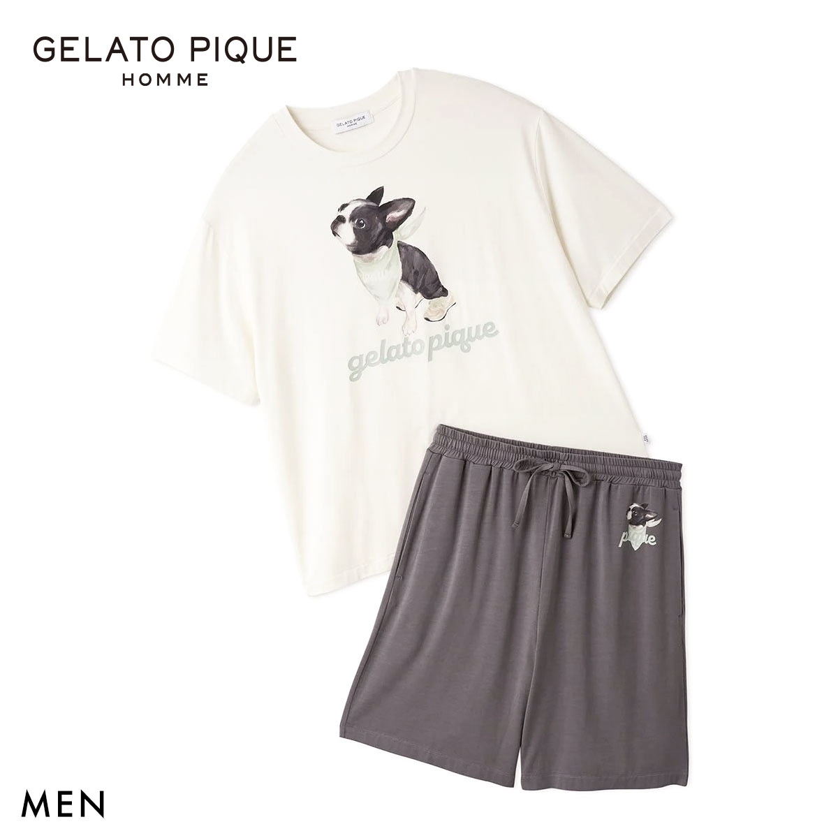 ジェラートピケ オム メンズ 接触冷感 レーヨンドッグワンポイントTシャツ＆ハーフパンツセット ジェラピケ ルームウェア 上下セット gelato pique HOMME(OW-オフホワイト-M)