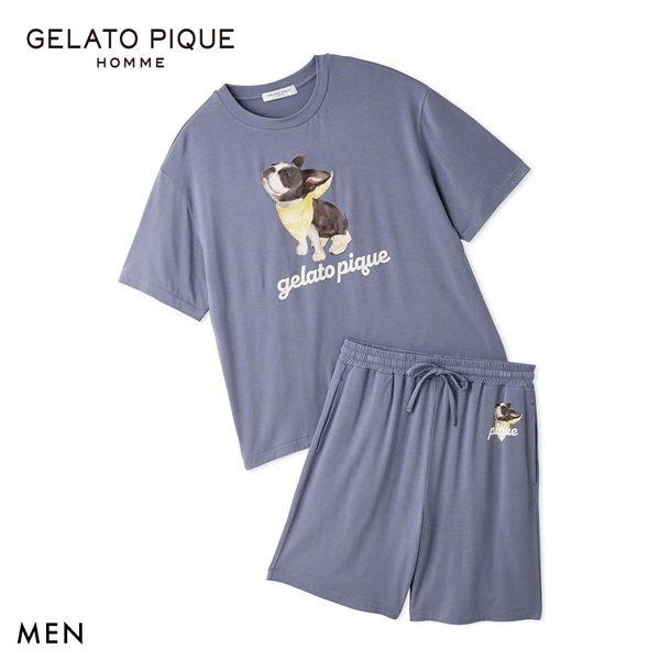 ジェラートピケ オム メンズ 接触冷感 レーヨンドッグワンポイントTシャツ＆ハーフパンツセット ジェラピケ ルームウェア 上下セット gelato pique HOMME