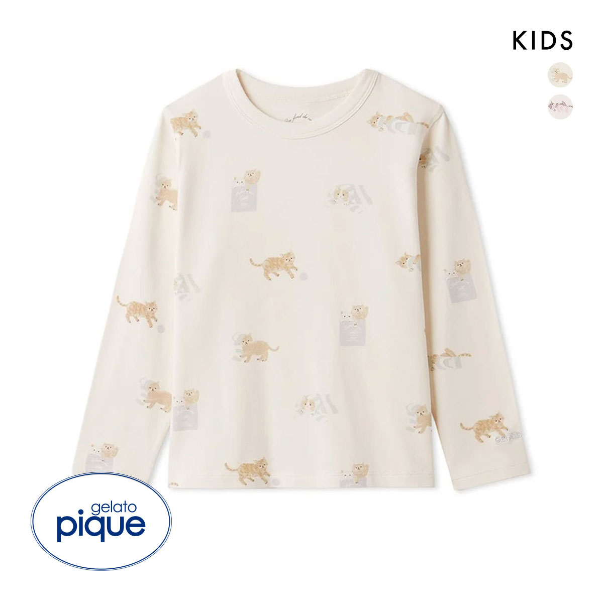 ジェラートピケ キッズアンドベイビー キッズ プレイフルキャット柄ロンT ジェラピケ ルームウェア パジャマ gelato pique Kids＆Baby kids(CR-クリーム-XXS)