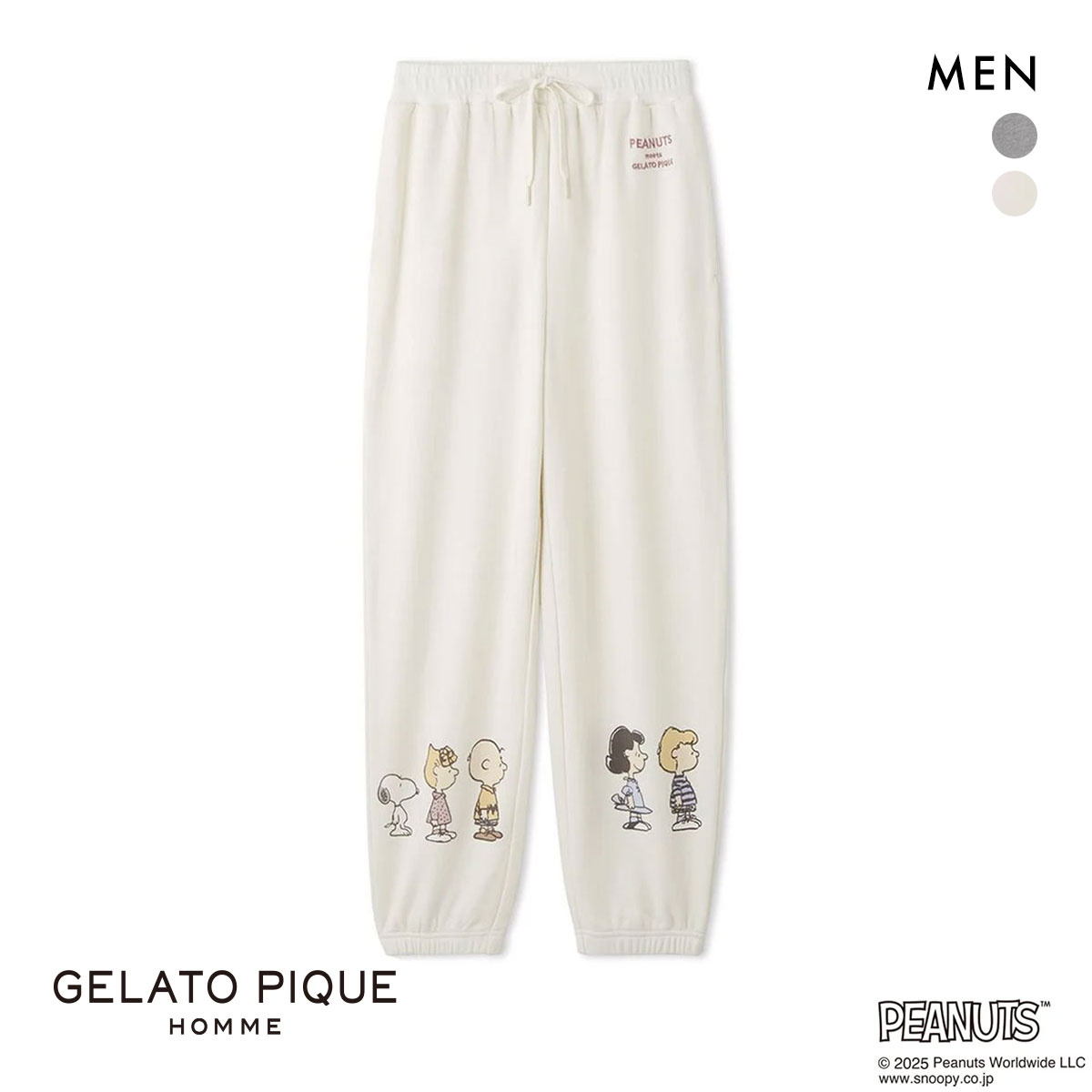 ジェラートピケ オム メンズ ピーナッツ 裏毛ロングパンツ ジェラピケ パジャマ ルームウェア PEANUTS gelato pique HOMME(OW-オフホワイト-M)