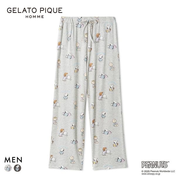 ジェラートピケ オム メンズ PEANUTS オリジナルアート総柄ロングパンツ ジェラピケ パジャマ ルームウェア gelato pique スヌーピー HOMME