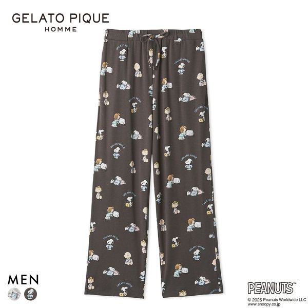 ジェラートピケ オム メンズ PEANUTS オリジナルアート総柄ロングパンツ ジェラピケ パジャマ ルームウェア gelato pique スヌーピー HOMME