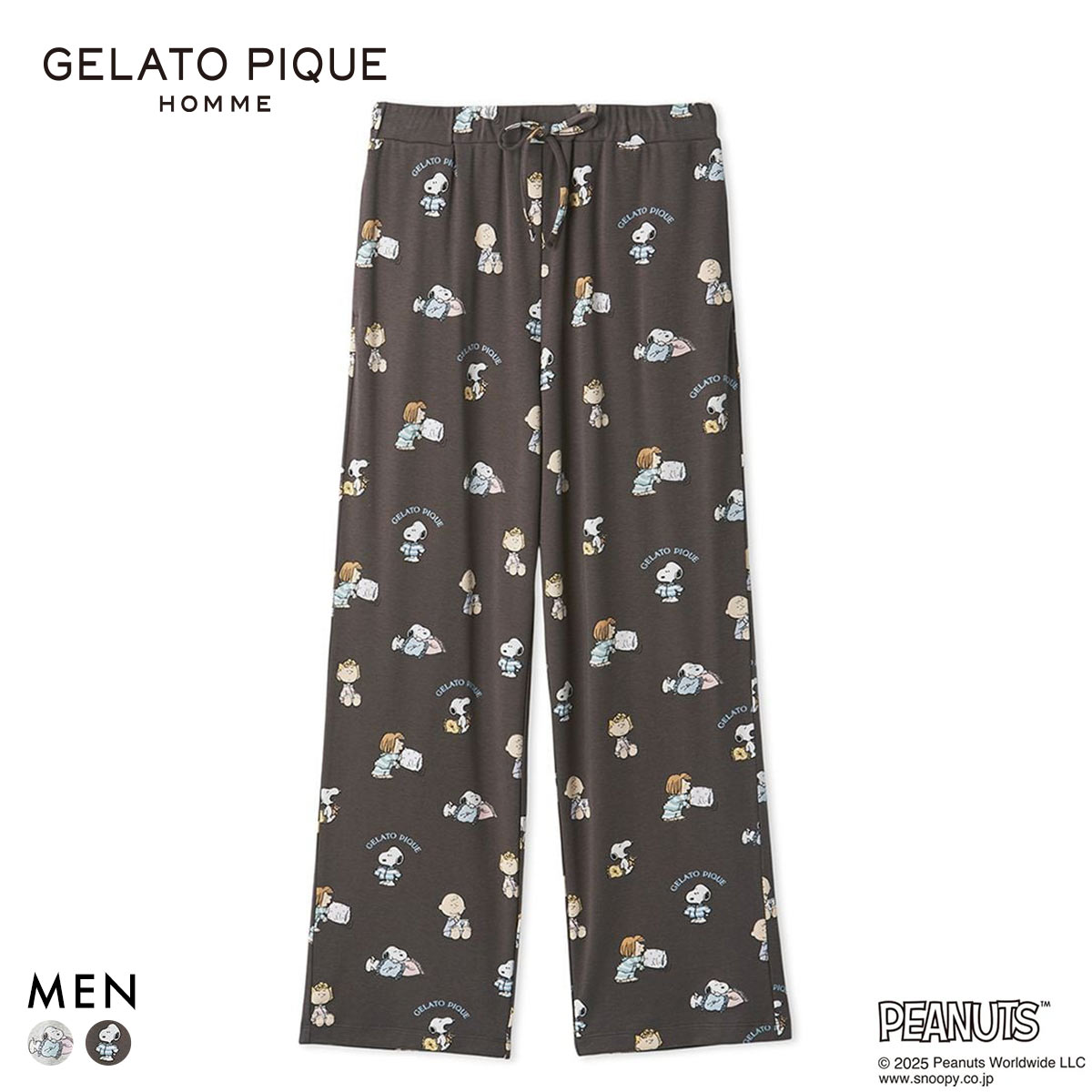 ジェラートピケ オム メンズ PEANUTS オリジナルアート総柄ロングパンツ ジェラピケ パジャマ ルームウェア gelato pique スヌーピー HOMME(CGY-チャコールグレー-M)