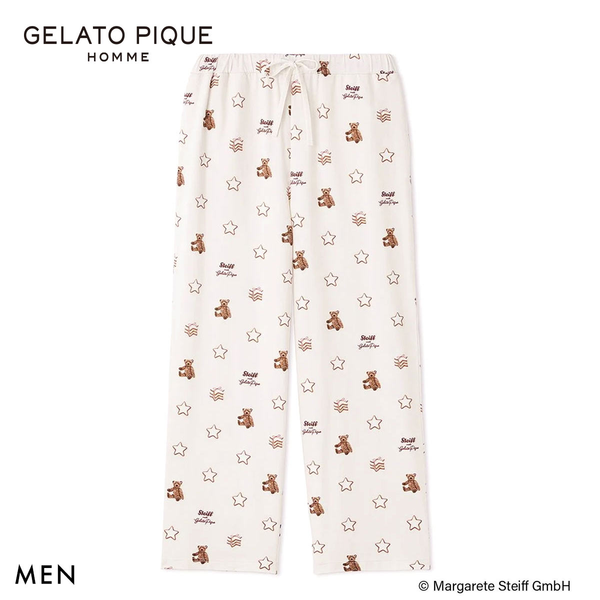 ジェラートピケ オム メンズ シュタイフ 総柄ロングパンツ ジェラピケ パジャマ ルームウェア gelato pique HOMME steiff(CR-クリーム-M)