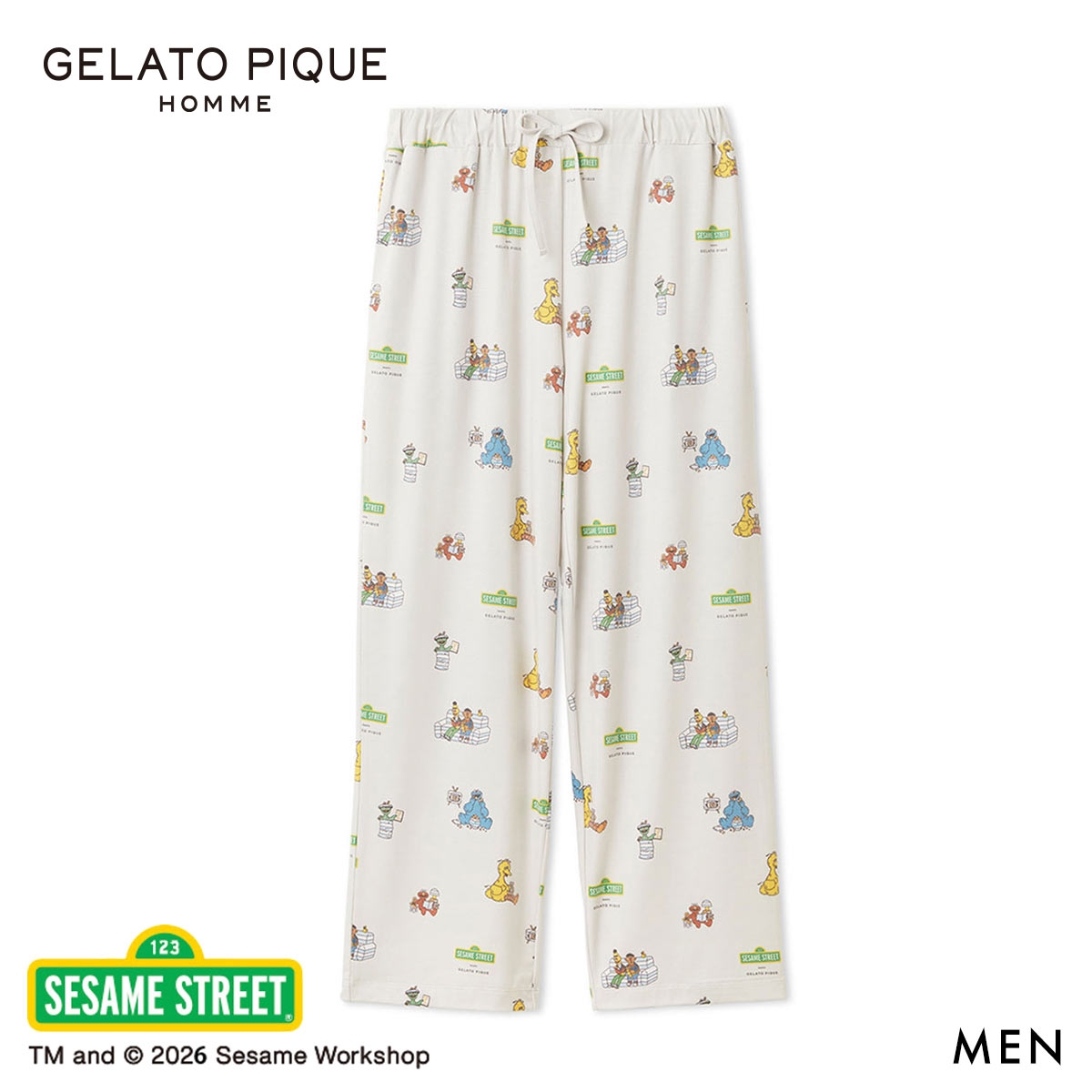 ジェラートピケ オム メンズ SESAME STREET 総柄ロングパンツ セサミストリート ジェラピケ パジャマ GELATO PIQUE HOMME(GY-グレー-M)