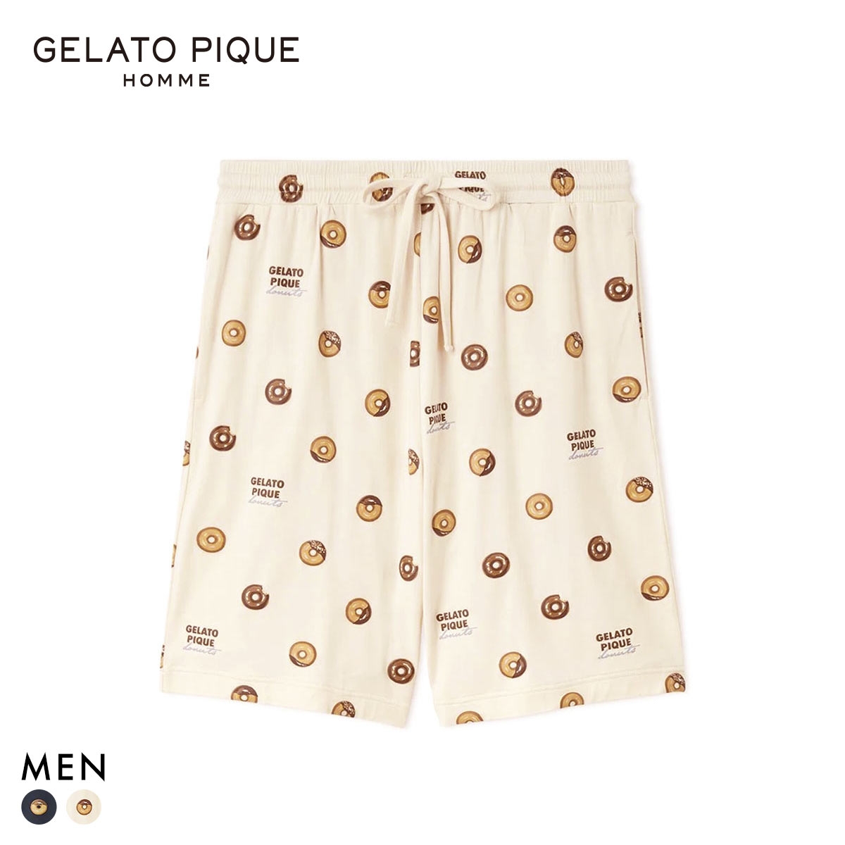 ジェラートピケ オム メンズ ドーナツ総柄ハーフパンツ ジェラピケ パジャマ GELATO PIQUE HOMME(CR-クリーム-M)