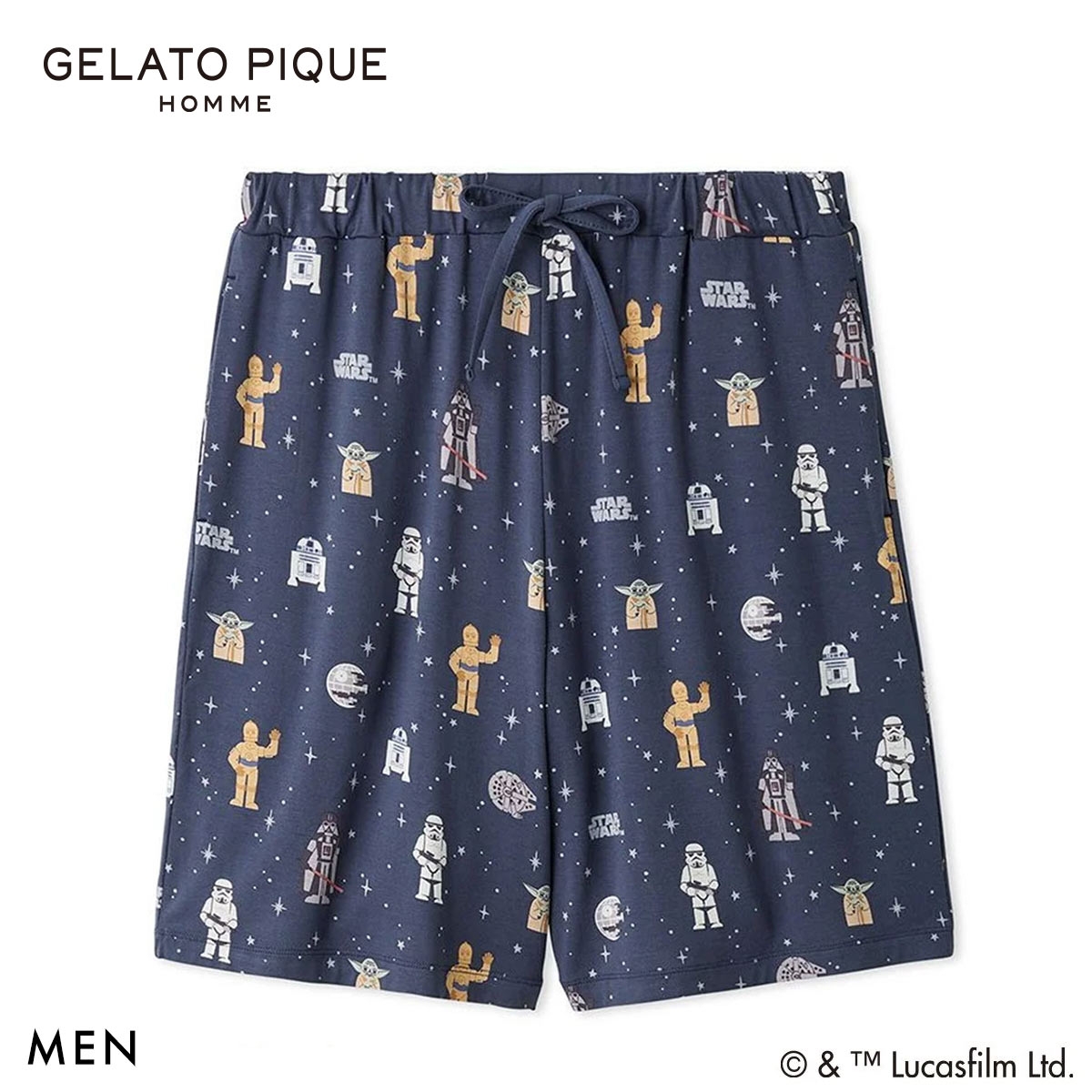 ジェラートピケ STAR WARS オム メンズ 総柄ハーフパンツ ジェラピケ パジャマ スターウォーズ GELATO PIQUE HOMME(NV-ネイビー-M)