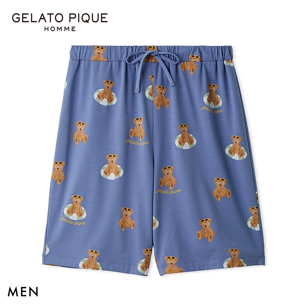 ジェラートピケ オム メンズ 接触冷感 サマーベア柄ハーフパンツ ジェラピケ パジャマ GELATO PIQUE HOMME(NV-ネイビー-M)