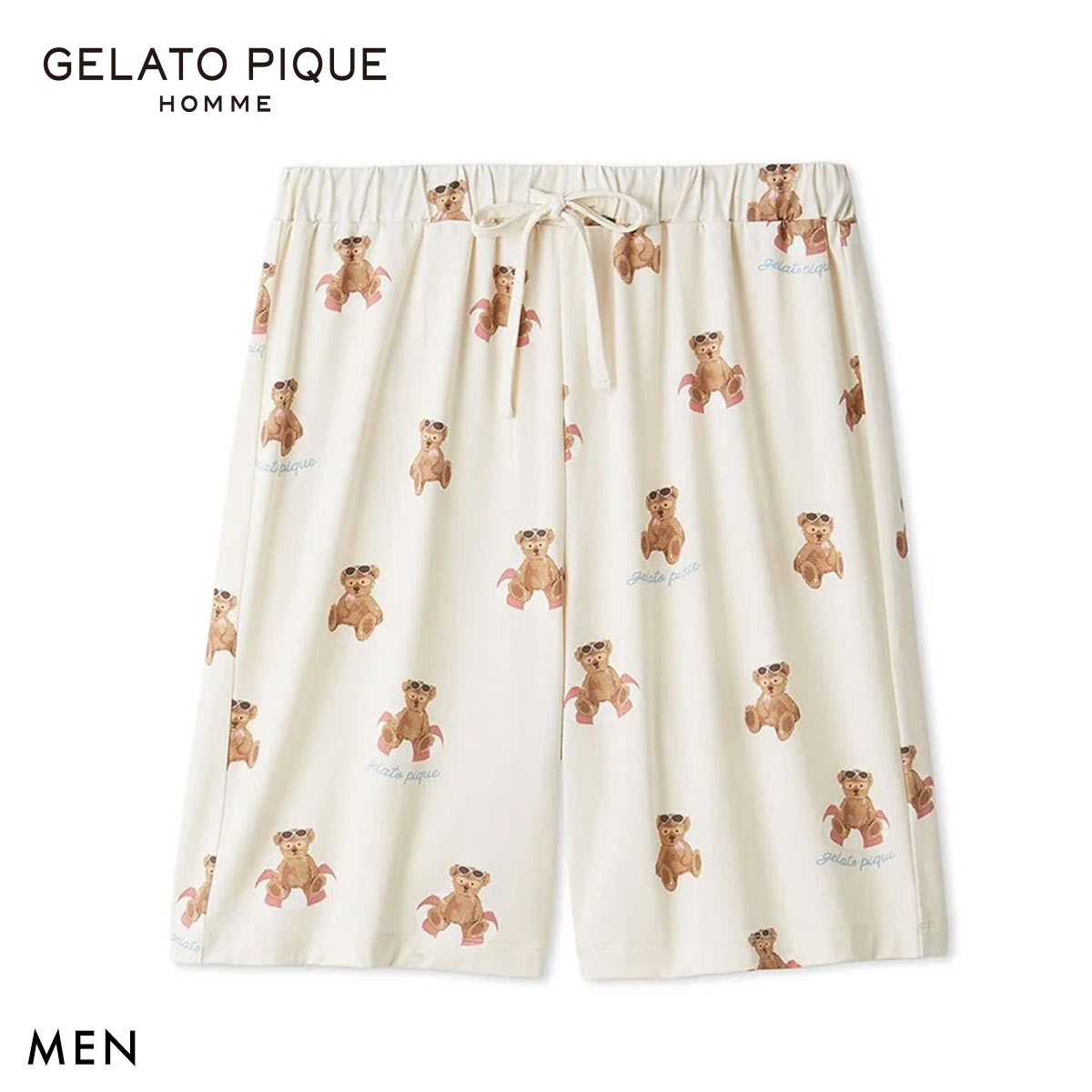ジェラートピケ オム メンズ 接触冷感 サマーベア柄ハーフパンツ ジェラピケ パジャマ GELATO PIQUE HOMME(IV-アイボリー-M)