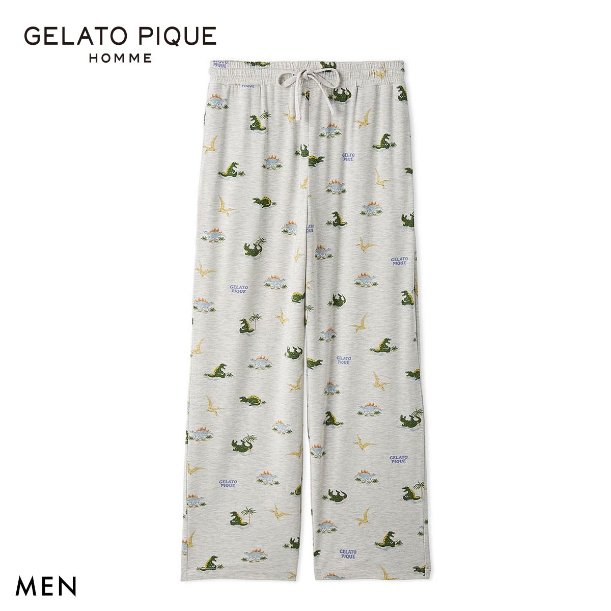 ジェラートピケ オム メンズ 接触冷感 スリーピングダイナソー柄ロングパンツ ジェラピケ パジャマ GELATO PIQUE HOMME(LGY-薄グレー-M)