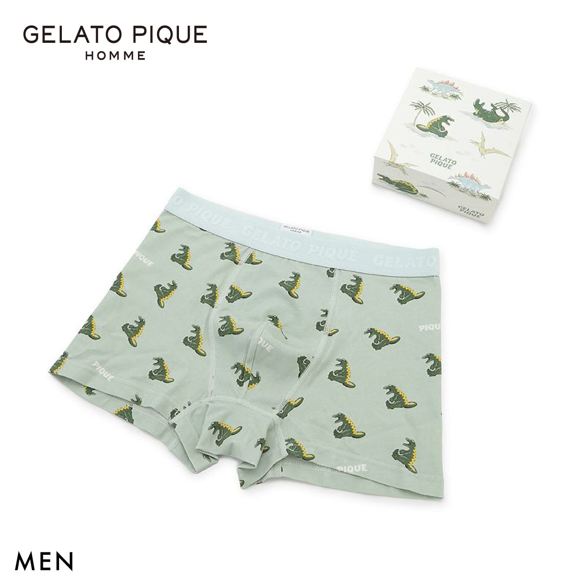 ジェラートピケ オム メンズ スリーピングダイナソー柄ボクサーパンツ BOX付き ジェラピケ gelato pique HOMME(MI-ミント-M)