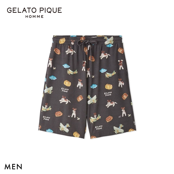 ジェラートピケ オム メンズ ヒラノトシユキ 接触冷感 PLANEDOG柄プリントハーフパンツ ジェラピケ パジャマ GELATO PIQUE HOMME
