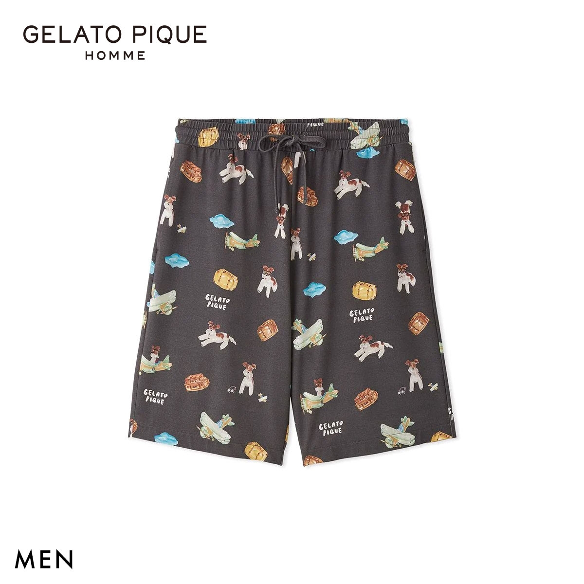 ジェラートピケ オム メンズ ヒラノトシユキ 接触冷感 PLANEDOG柄プリントハーフパンツ ジェラピケ パジャマ GELATO PIQUE HOMME(DGY-濃グレー-M)