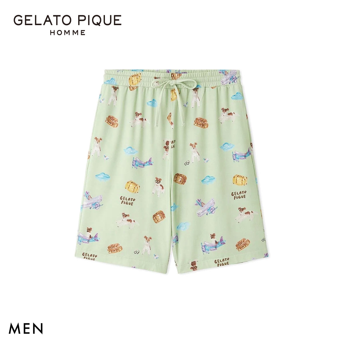 ジェラートピケ オム メンズ ヒラノトシユキ 接触冷感 PLANEDOG柄プリントハーフパンツ ジェラピケ パジャマ GELATO PIQUE HOMME(MI-ミント-M)