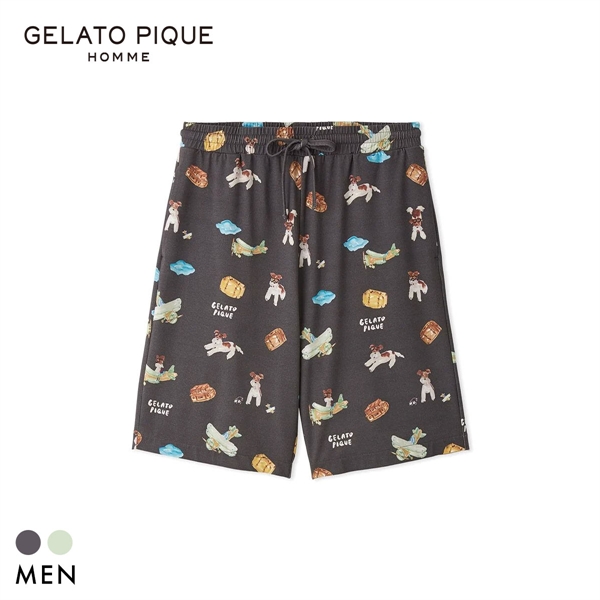 ジェラートピケ オム メンズ ヒラノトシユキ 接触冷感 PLANEDOG柄プリントハーフパンツ ジェラピケ パジャマ GELATO PIQUE HOMME