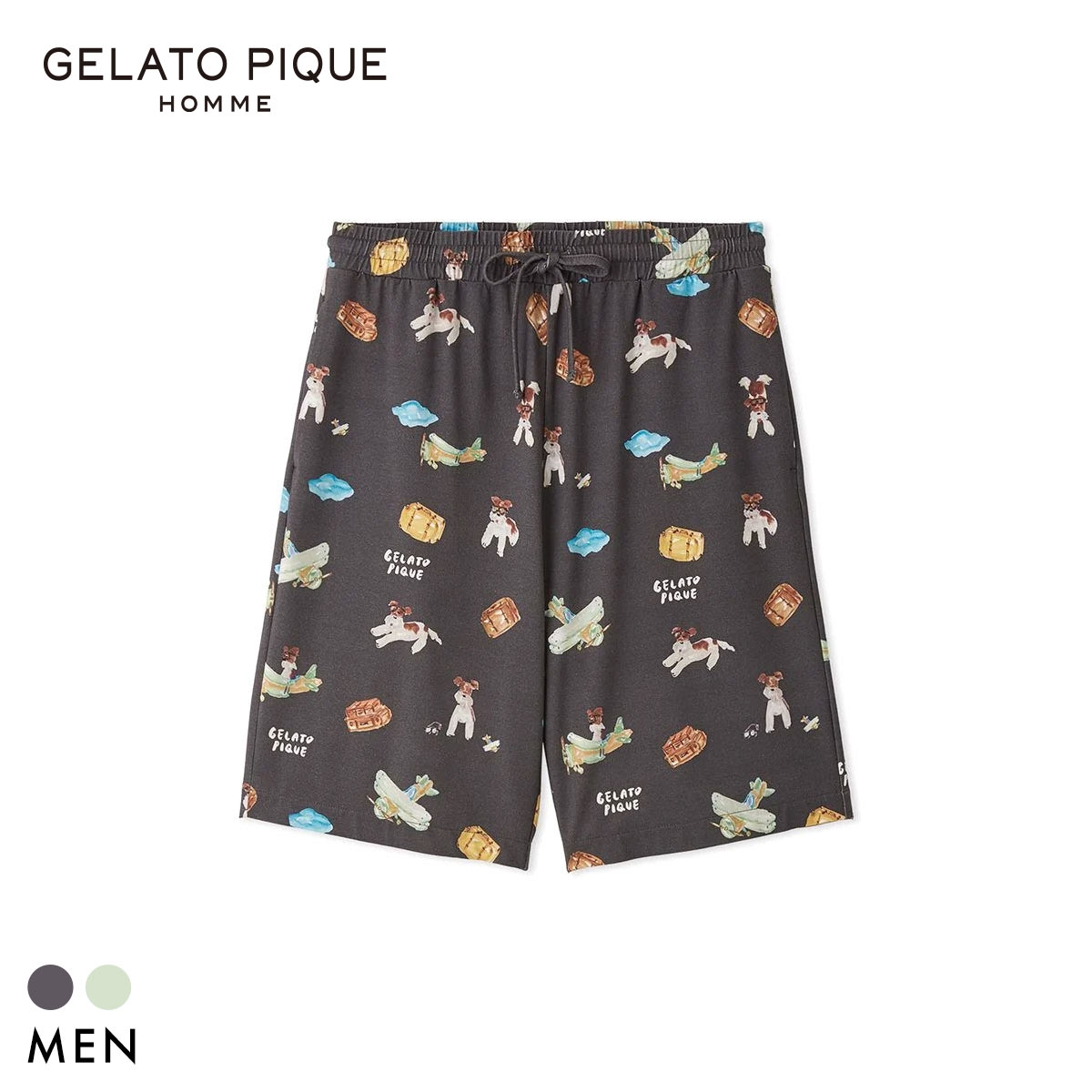 ジェラートピケ オム メンズ ヒラノトシユキ 接触冷感 PLANEDOG柄プリントハーフパンツ ジェラピケ パジャマ GELATO PIQUE HOMME