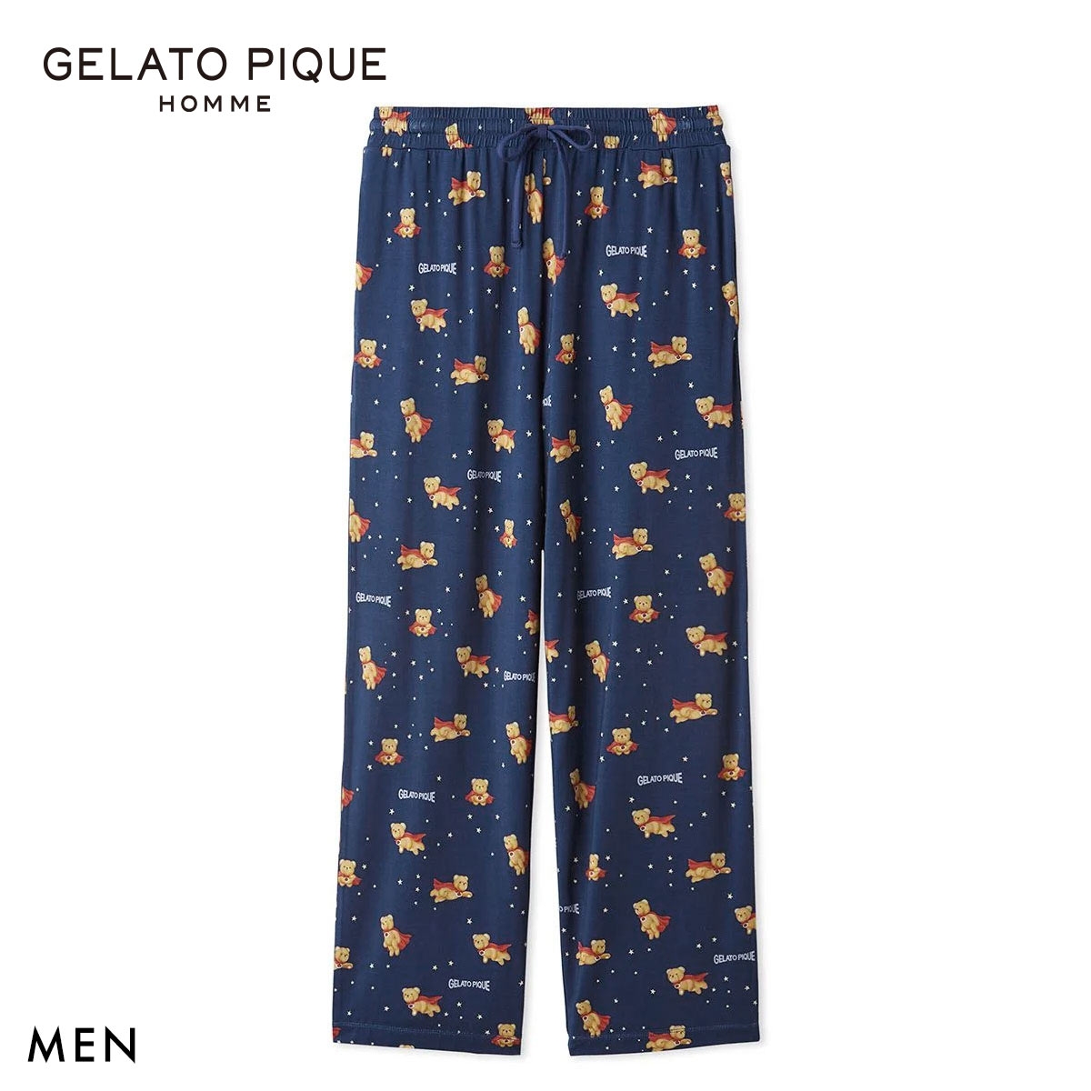 ジェラートピケ オム メンズ 抗菌防臭 レーヨンヒーローベア柄ロングパンツ ジェラピケ パジャマ GELATO PIQUE HOMME(NV-ネイビー-M)