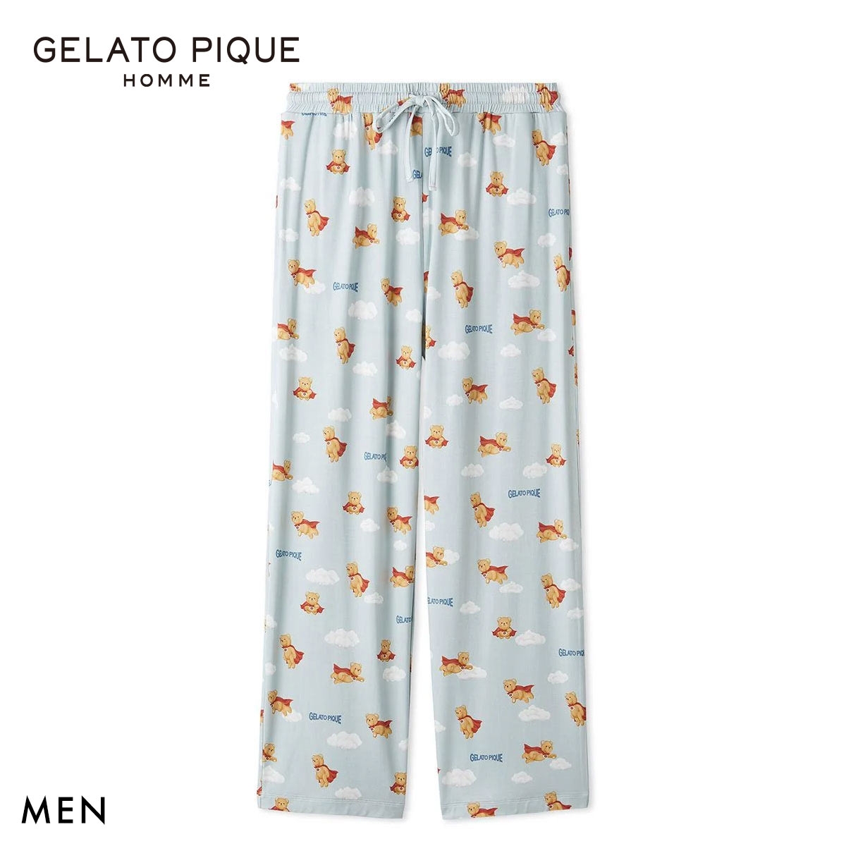 ジェラートピケ オム メンズ 抗菌防臭 レーヨンヒーローベア柄ロングパンツ ジェラピケ パジャマ GELATO PIQUE HOMME(BU-ブルー-M)