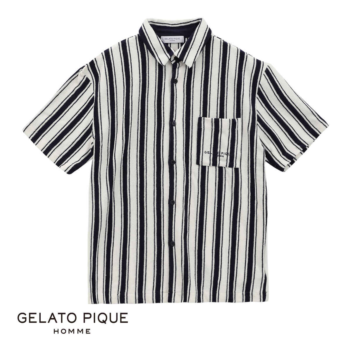 ジェラートピケ オム GELATO PIQUE メンズ 【HOMME】ストライプパイルシャツ ジェラピケ パジャマ ルームウェア(NV-ネイビー-M)
