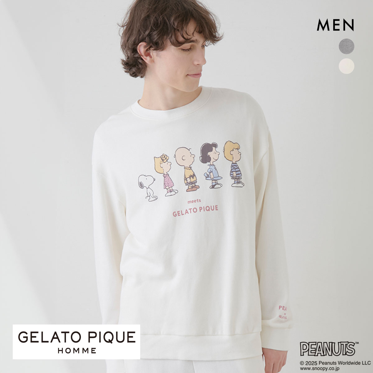 ジェラートピケ オム メンズ ピーナッツ 裏毛プルオーバー ジェラピケ パジャマ ルームウェア PEANUTS gelato pique HOMME(OW-オフホワイト-M)
