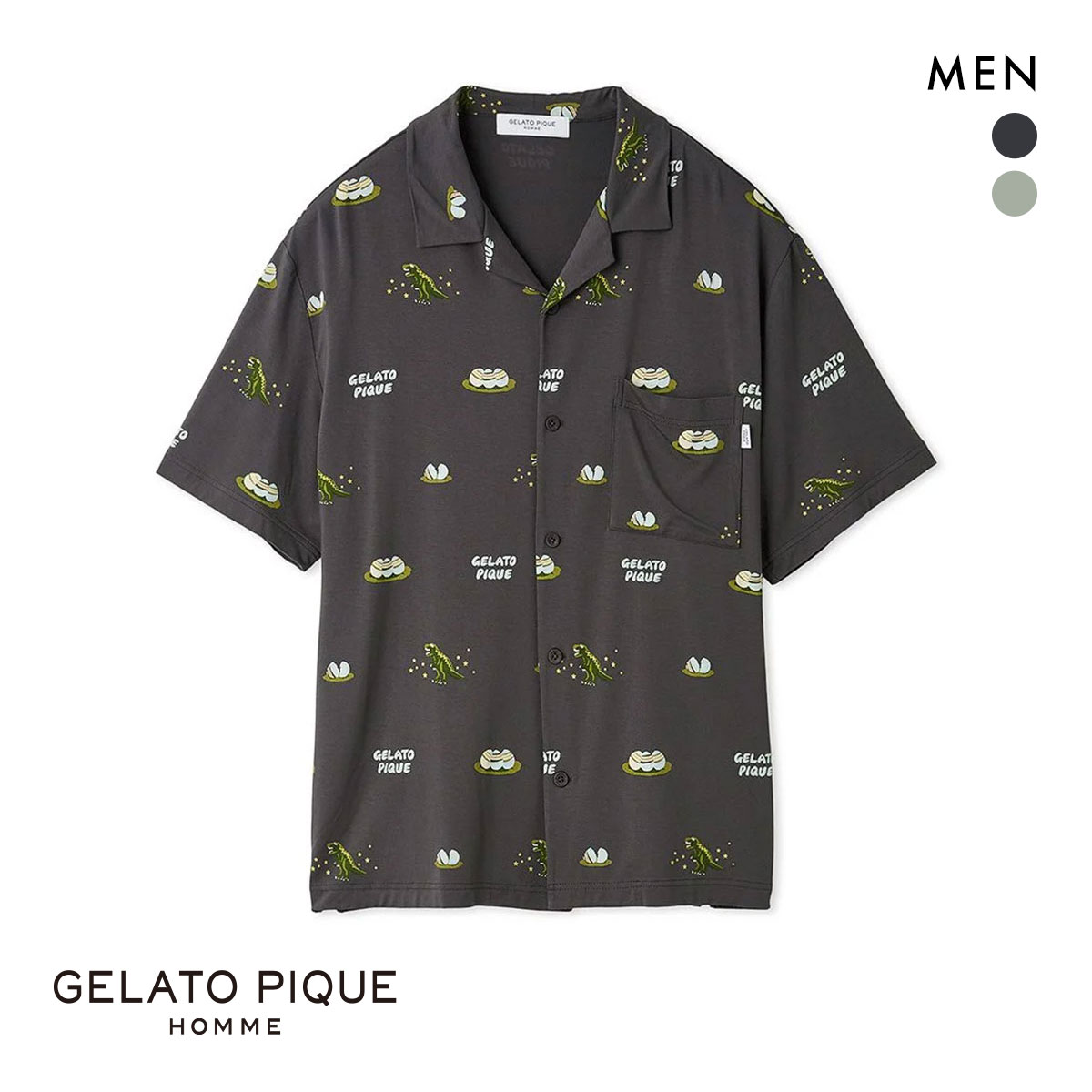 ジェラートピケ オム メンズ ダイナソー＆エッグ総柄シャツ ジェラピケ パジャマ ルームウェア gelato pique HOMME(CGY-チャコールグレー-M)