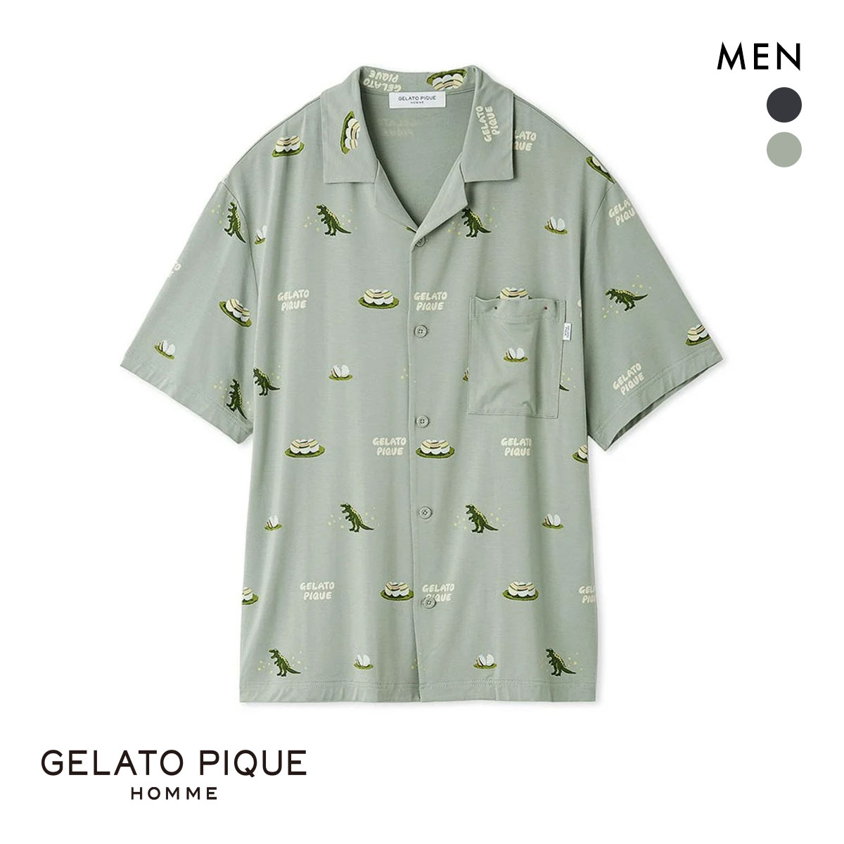 ジェラートピケ オム メンズ ダイナソー＆エッグ総柄シャツ ジェラピケ パジャマ ルームウェア gelato pique HOMME(GR-グリーン-M)