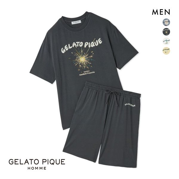 ジェラートピケ オム メンズ 接触冷感 レーヨン夏祭りプリントTシャツ&ハーフパンツセット ジェラピケ パジャマ GELATO PIQUE HOMME