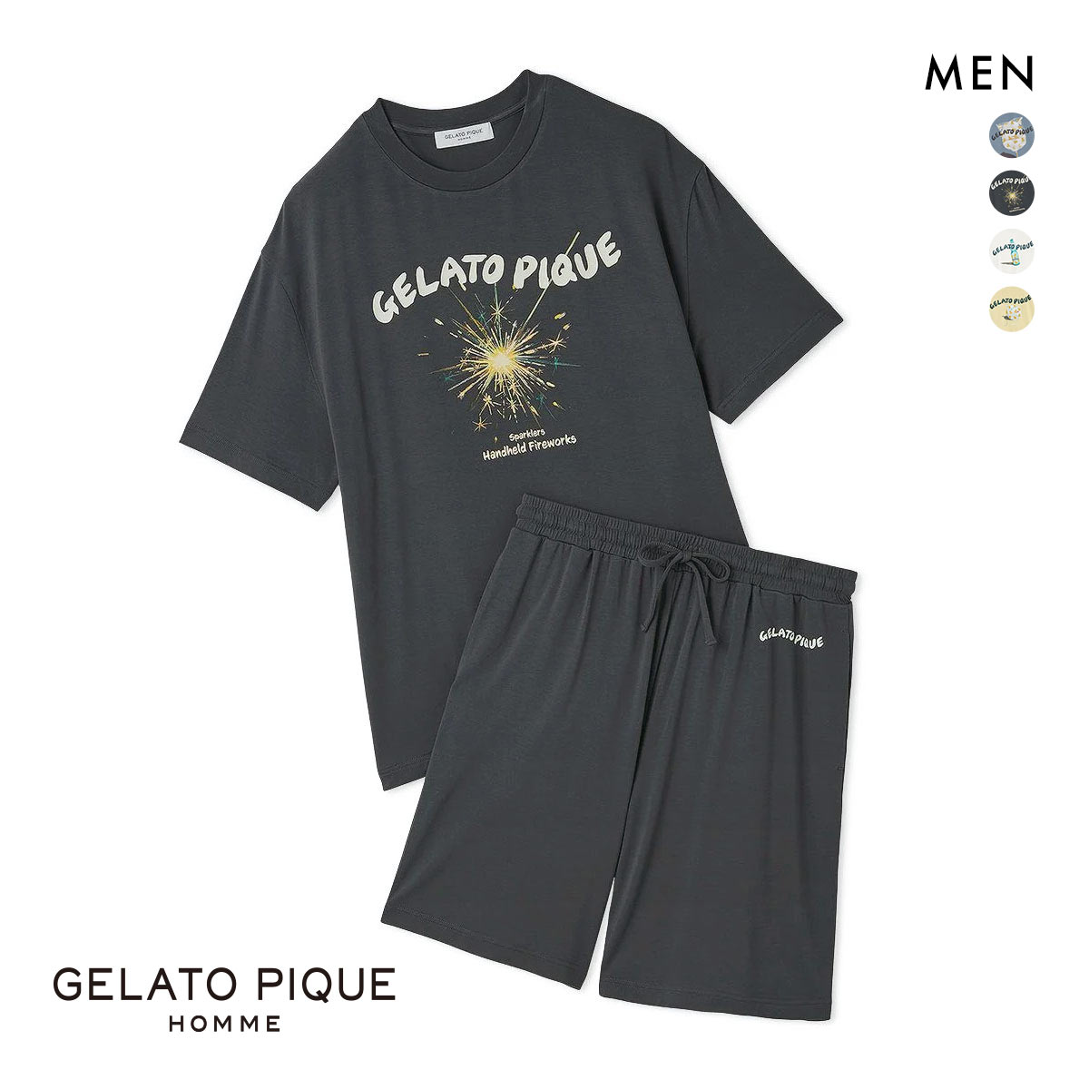ジェラートピケ オム メンズ 接触冷感 レーヨン夏祭りプリントTシャツ&ハーフパンツセット ジェラピケ パジャマ GELATO PIQUE HOMME(DGY-濃グレー-M)