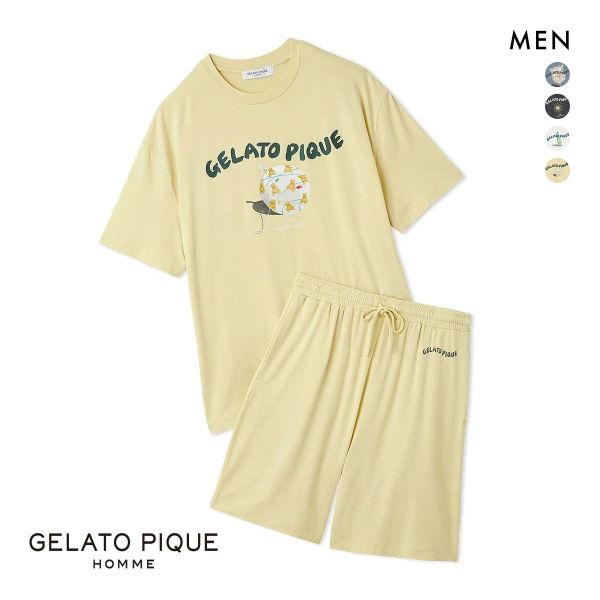 ジェラートピケ オム メンズ 接触冷感 レーヨン夏祭りプリントTシャツ&ハーフパンツセット ジェラピケ パジャマ GELATO PIQUE HOMME
