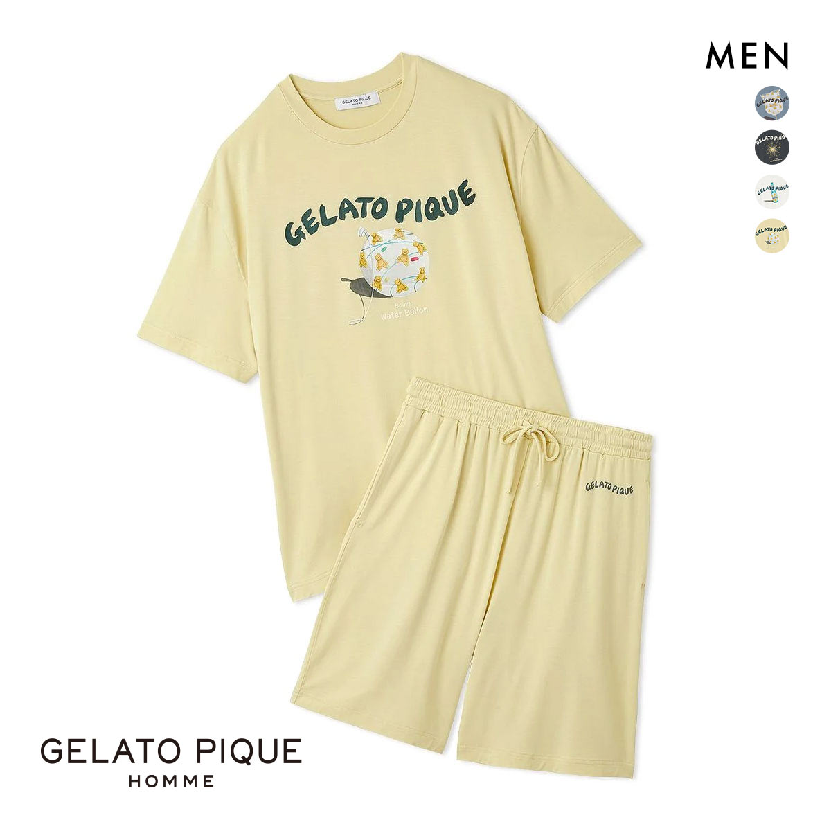 ジェラートピケ オム メンズ 接触冷感 レーヨン夏祭りプリントTシャツ&ハーフパンツセット ジェラピケ パジャマ GELATO PIQUE HOMME(YE-イエロー-M)