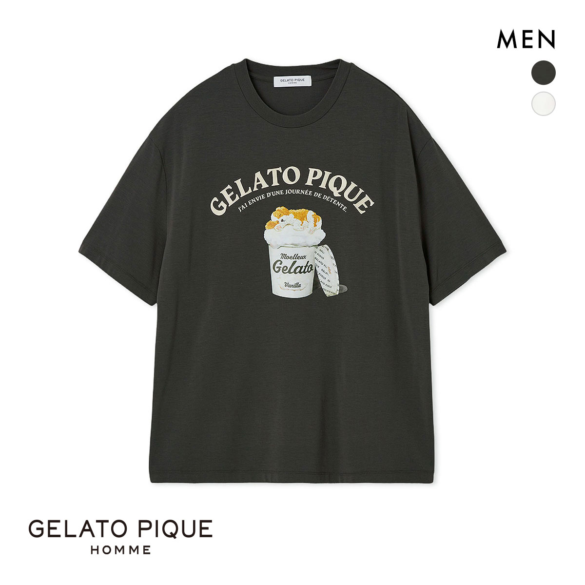 ジェラートピケ オム メンズ 接触冷感 レーヨンスリーピングドッグワンポイントTシャツ ジェラピケ パジャマ ルームウェア gelato pique HOMME(DGY-濃グレー-M)