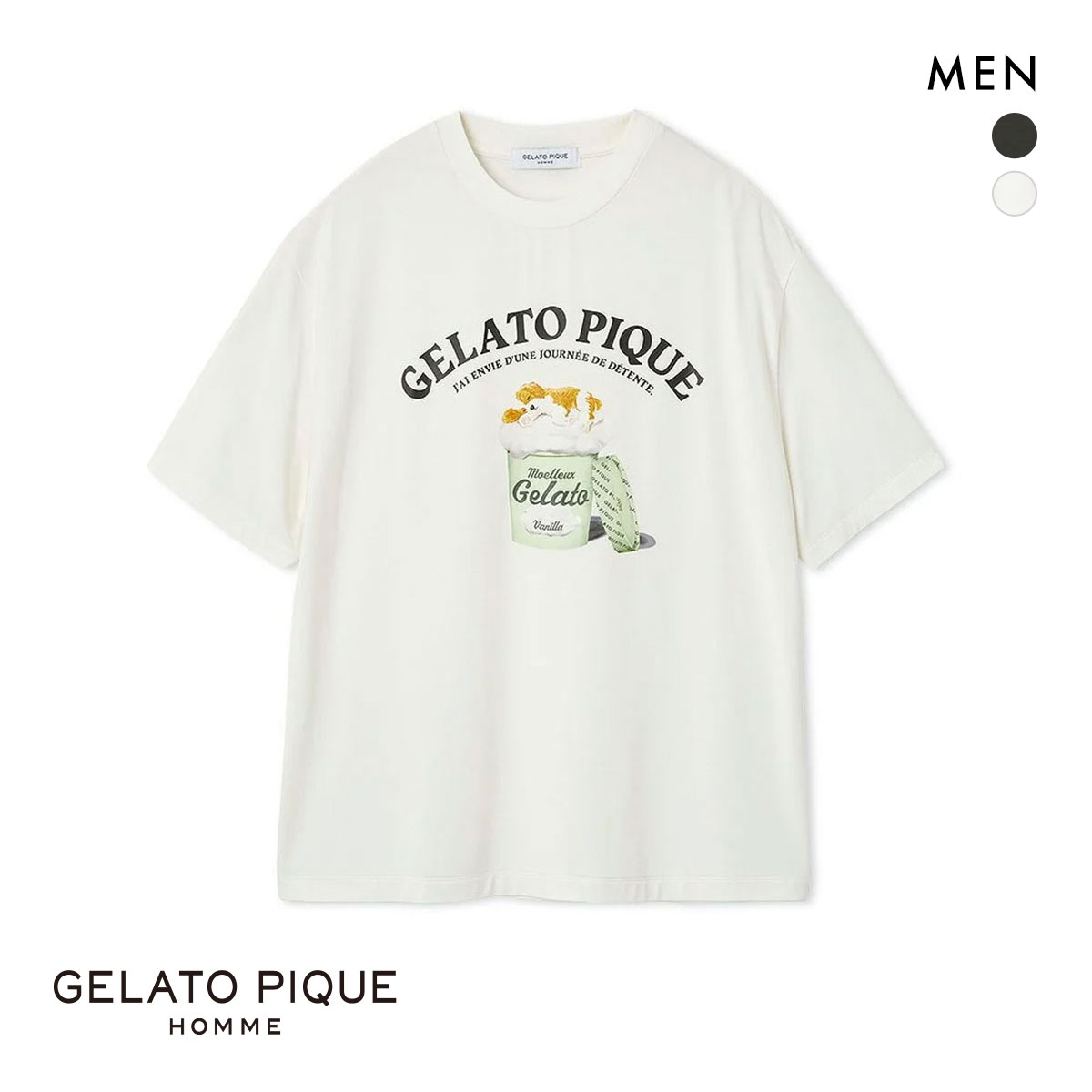 ジェラートピケ オム メンズ 接触冷感 レーヨンスリーピングドッグワンポイントTシャツ ジェラピケ パジャマ ルームウェア gelato pique HOMME(OW-オフホワイト-M)