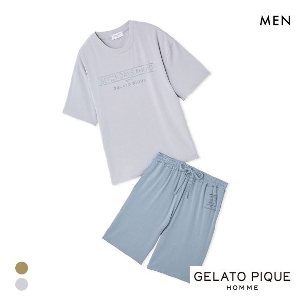 ジェラートピケ オム メンズ 接触冷感 クールレーヨンロゴTシャツ＆ハーフパンツセット ジェラピケ パジャマ GELATO PIQUE HOMME
