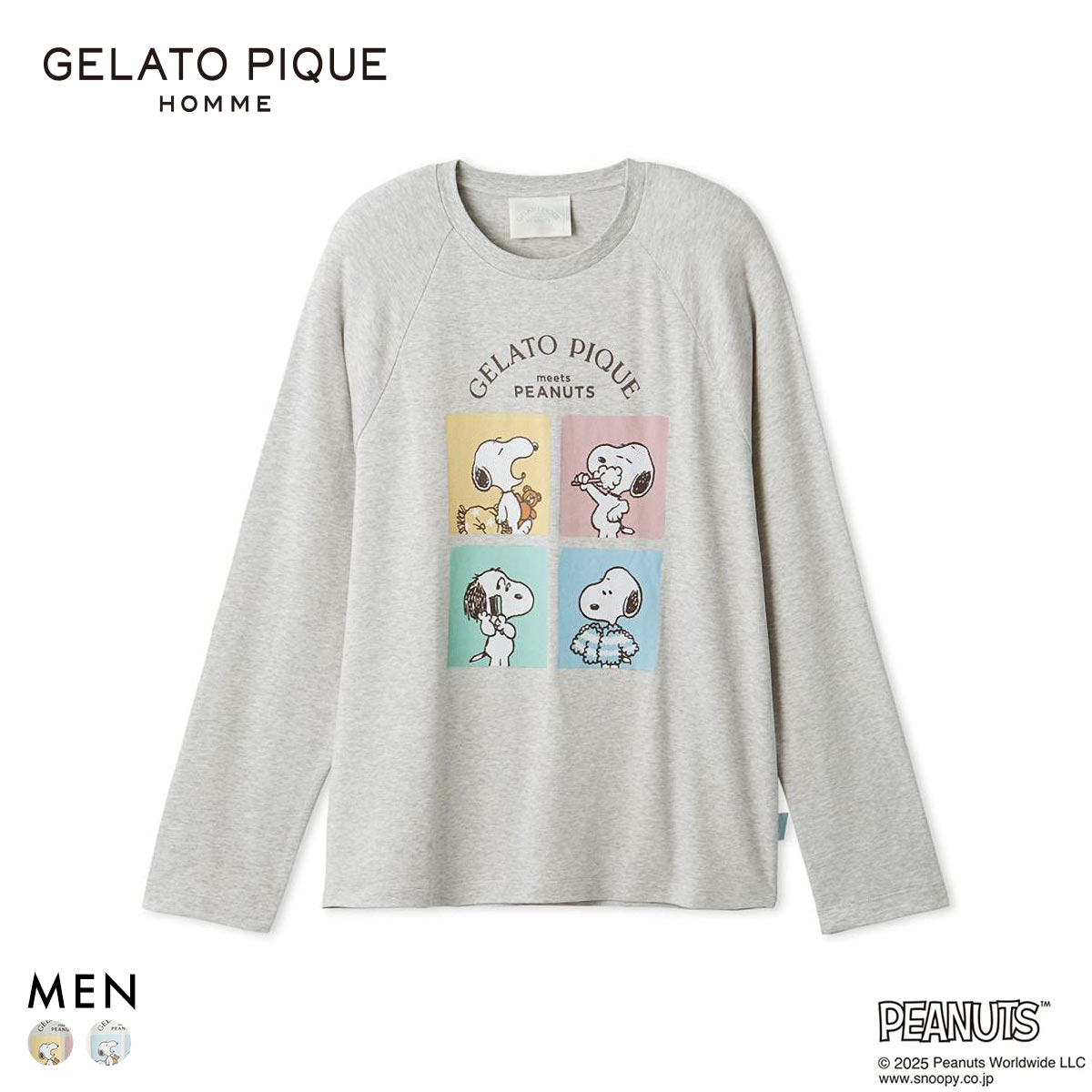 ジェラートピケ オム メンズ PEANUTS オリジナルアートワンポイントロングTシャツ ジェラピケ パジャマ ルームウェア gelato pique スヌーピー HOMME(GY-グレー-M)